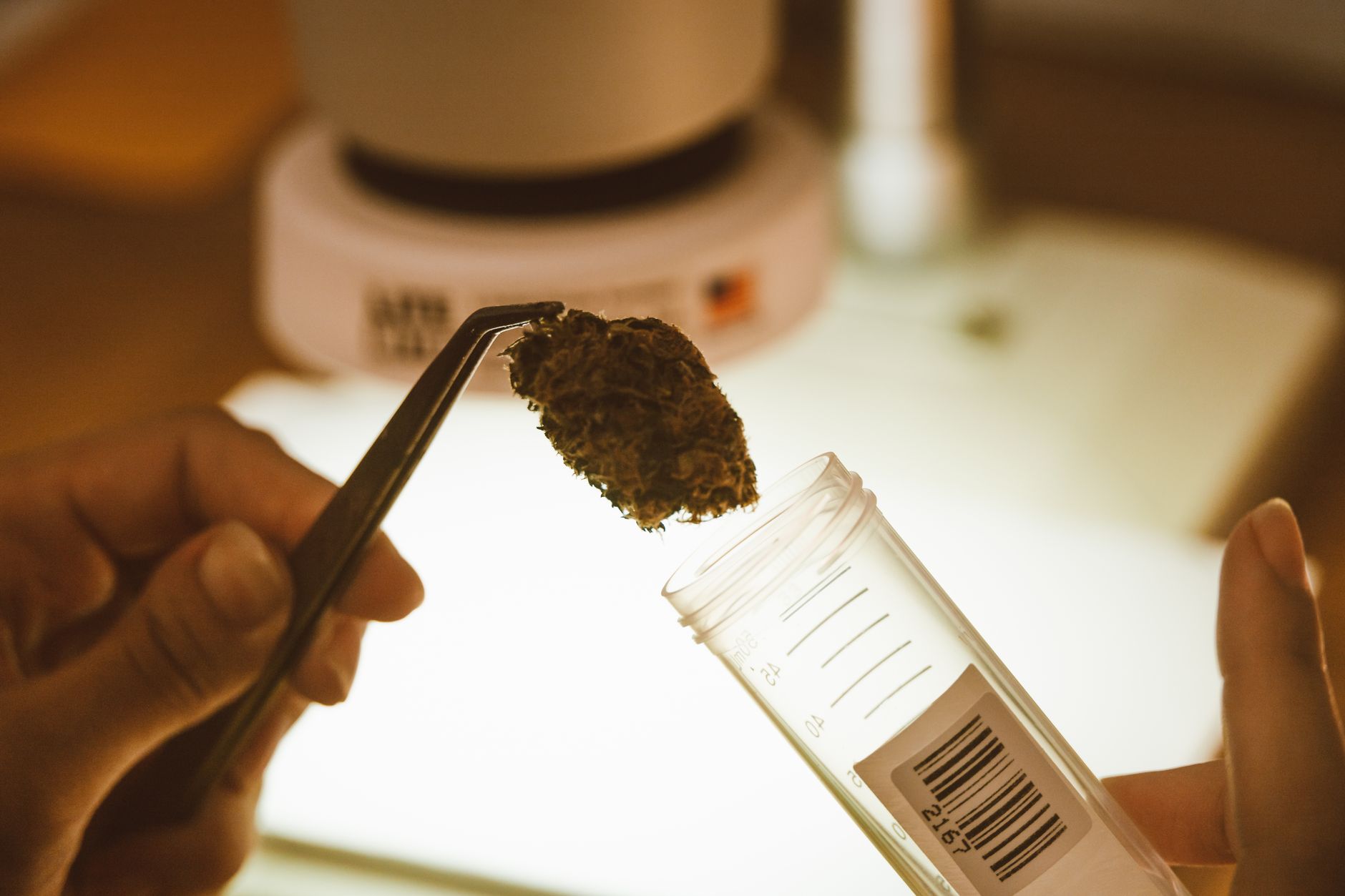 A laboratory technician examining a small vial under warm overhead lighting.